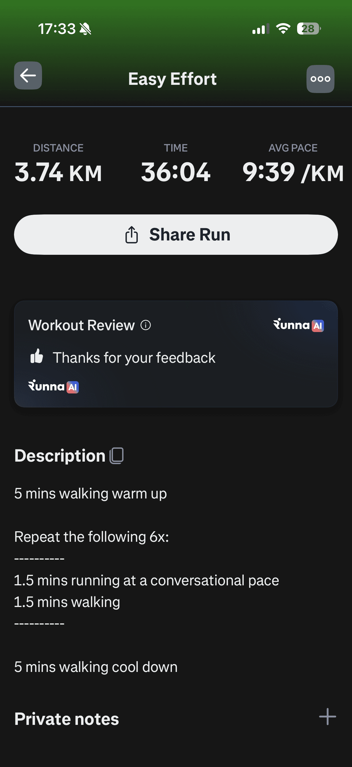 My first Runna run, April 2025: Easy Effort, 3.74 km in 36:04 at 9:39/km — run/walk intervals.